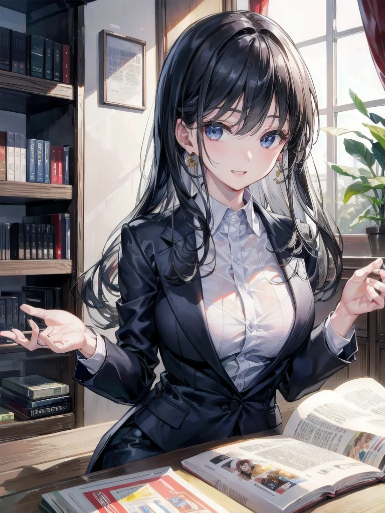 (8k、RAW Photos、highest quality、masterpiece:1.2)、(Realistic、Realistic:1.37)、Very detailed、超A high resolution、1 girl、View your audience、Beautifully detailed face、A smile showing just a few teeth、narrow、(Slim waist) :1.3)、((Wearing a suit))、beautifully detailed skin、Skin Texture、Floating Hair、Shapely large 、Professional Lighting、Bright room、Bright library、Human whole body、Black Hair、I have a book、