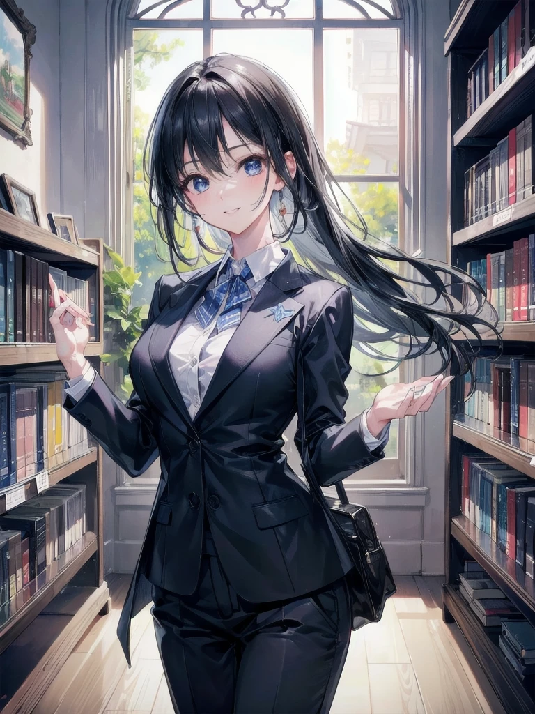 (8k、RAW Photos、highest quality、masterpiece:1.2)、(Realistic、Realistic:1.37)、Very detailed、超A high resolution、1 girl、View your audience、Beautifully detailed face、A smile showing just a few teeth、narrow、(Slim waist) :1.3)、((Wearing a suit))、beautifully detailed skin、Skin Texture、Floating Hair、Shapely large breasts、Professional Lighting、Bright room、Bright library、Human whole body、Black Hair、I have a book、