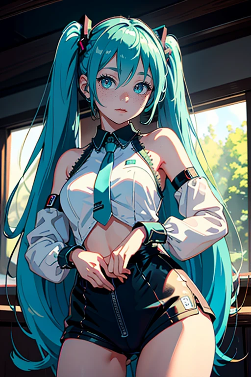 (best quality,4K, 8K, highres, masterpiece:1.2), ultra-detailed,One girl, hatsune miku, Cowboy Shot,Cute Freckles,Mole under the left eye,