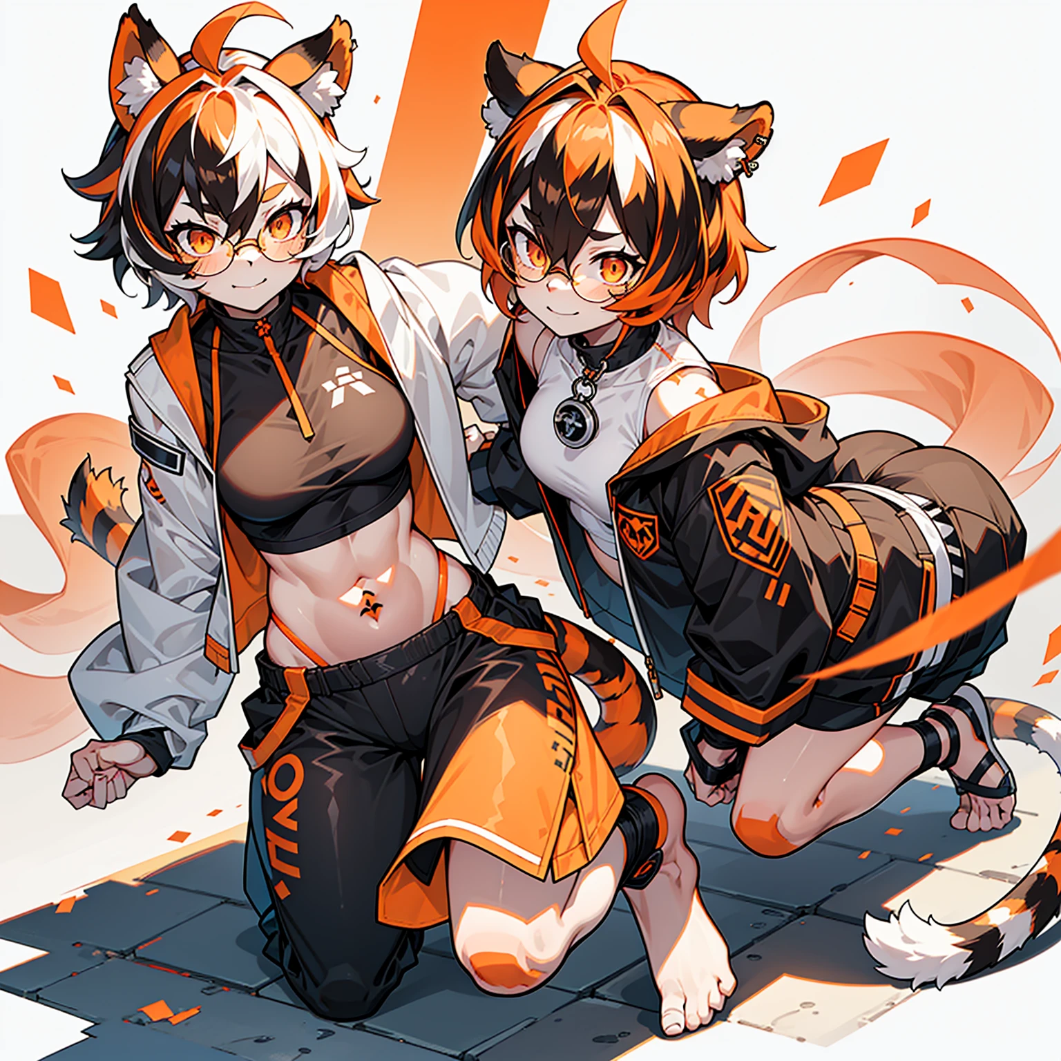 white background, full body, solo, Standing, heading up, proud , young girl, animal ears, arknights, white hair, black hair, round eyewear, glasses, OPPEIN, short hair, large breasts, muscle,tail, orange eyes, orange hair, multicolored hair, tiger girl, furry female, hair between eyes, tiger_ears, tiger_tail, waai_fu, orange-tinted_eyewear, tinted_eyewear, Sophorae, ワイフー, waai_fu_arknights, tattoo, petite, neck tattoo, big breasts, stomach tattoo, bra, panties, evil smile, Shadows under feet,text,
