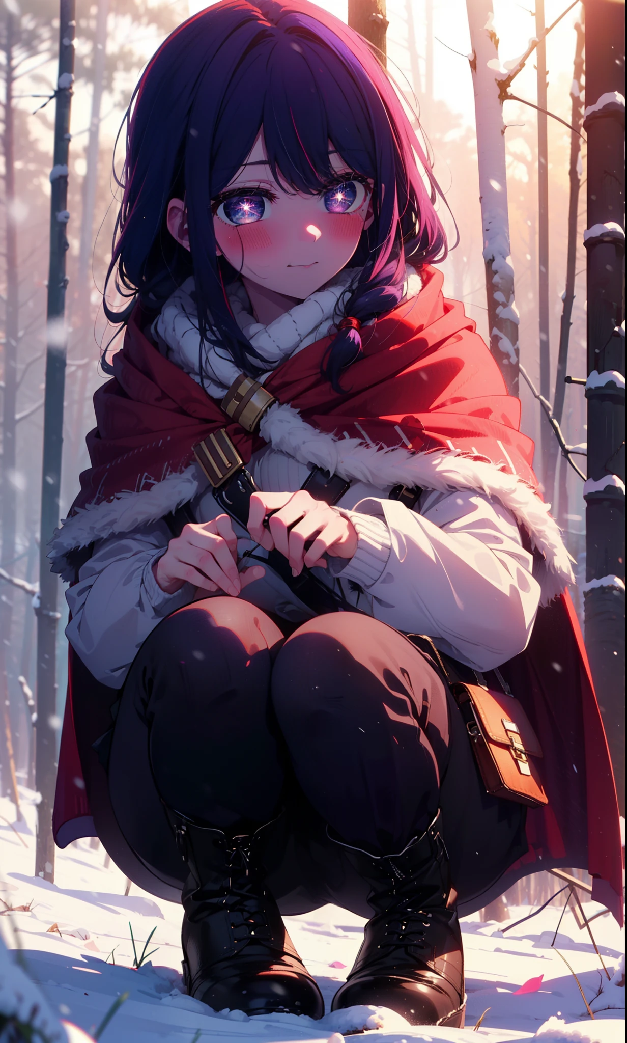 aihoshino, Ai Hoshino, Long Hair, bangs, (Purple eyes:1.1), Purple Hair, (Symbol-shaped pupil:1.5), smile,,smile,blush,White Breath,
Open your mouth,snow,Ground bonfire, Outdoor, boots, snowing, From the side, wood, suitcase, Cape, Blurred, , forest, White handbag, nature, Squat, Mouth closed, Cape, winter, Written boundary depth, Black shoes, red Cape break looking at viewer, Upper Body, whole body, break Outdoor, forest, nature, break (masterpiece:1.2), Highest quality, High resolution, unity 8k wallpaper, (shape:0.8), (Beautiful and beautiful eyes:1.6), Highly detailed face, Perfect lighting, Highly detailed CG, (Perfect hands, Perfect Anatomy),