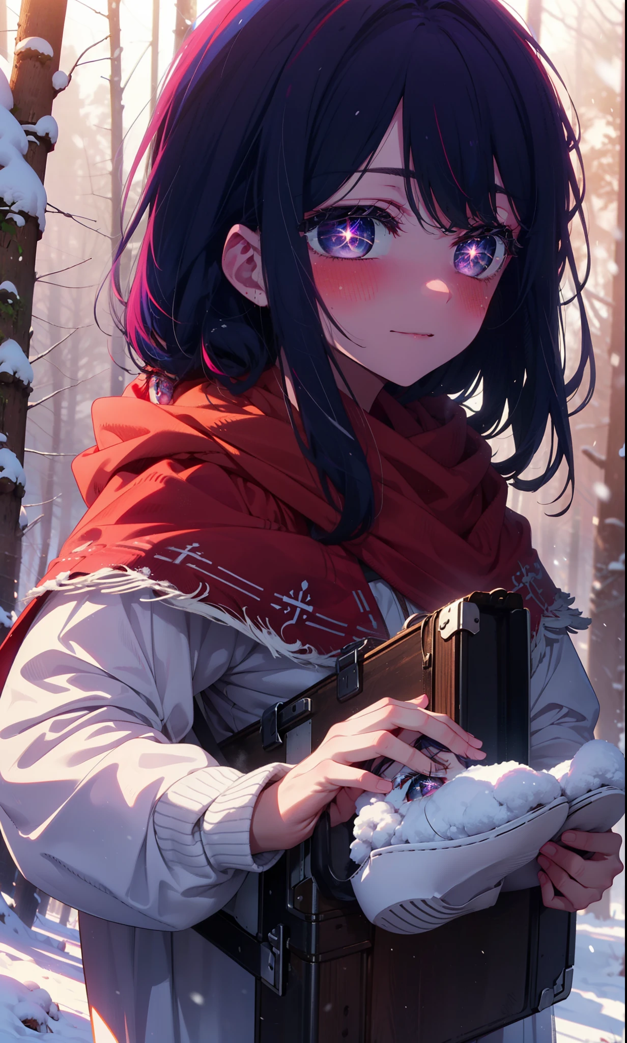 aihoshino, Ai Hoshino, Long Hair, bangs, (Purple eyes:1.1), Purple Hair, (Symbol-shaped pupil:1.5), smile,,smile,blush,White Breath,
Open your mouth,snow,Ground bonfire, Outdoor, boots, snowing, From the side, wood, suitcase, Cape, Blurred, , forest, White handbag, nature,  Squat, Mouth closed, Cape, winter, Written boundary depth, Black shoes, red Cape break looking at viewer, Upper Body, whole body, break Outdoor, forest, nature, break (masterpiece:1.2), Highest quality, High resolution, unity 8k wallpaper, (shape:0.8), (Beautiful and beautiful eyes:1.6), Highly detailed face, Perfect lighting, Highly detailed CG, (Perfect hands, Perfect Anatomy),