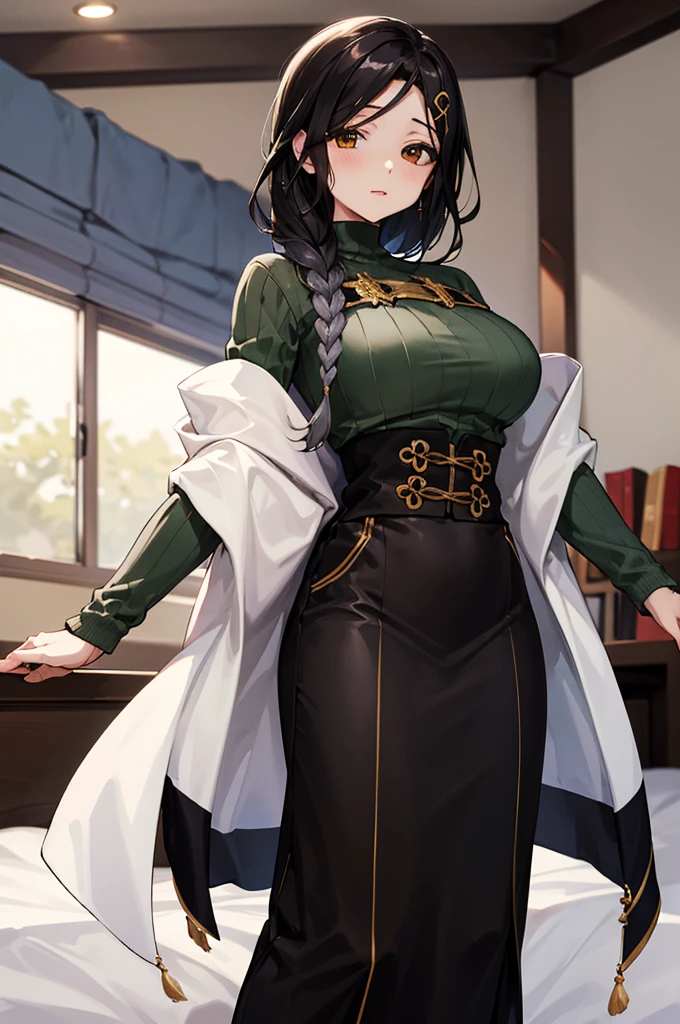 masterpiece, best quality, highres, st1, green sweater, braid, hair ornament, black skirt, large breasts, long skirt, shawl , on bed,