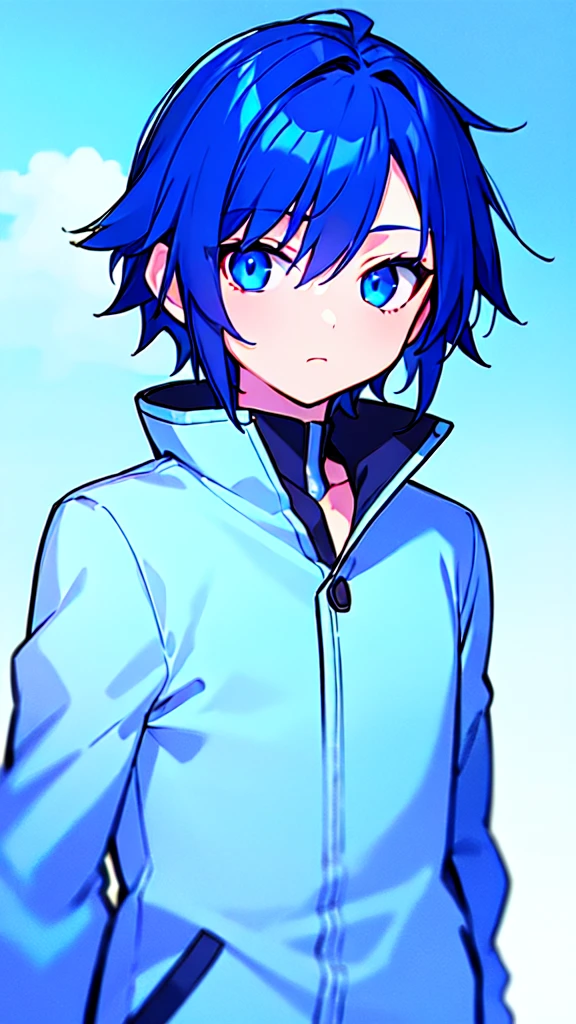 [(SKYBLUE BACKGROUND:1.5),::5], ((((masterpiece)))), high quality, ultra very high resolution, full color, (((solo))), ((little boy)), oriental deepBlue hair, (oriental deepblue eyes), anime, ((upper body)), Summer clothes, neon light, black parka, 