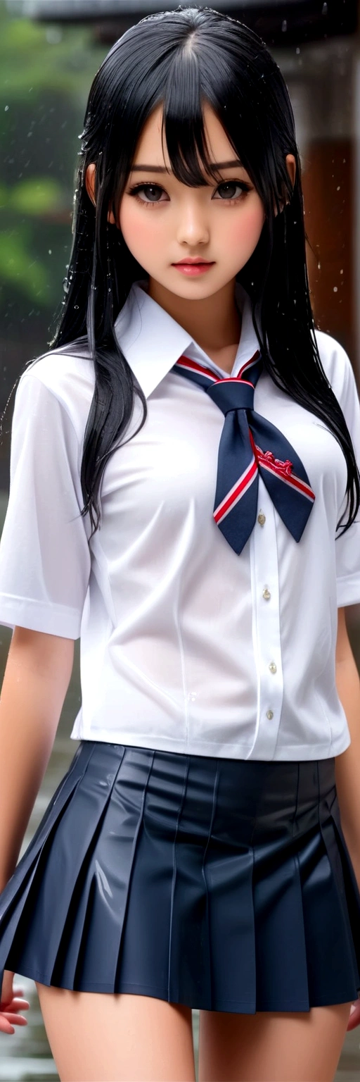 ((Nipples visible through a wet white shirt))、No underwear、Full body view、Long straight black hair、high school student、uniform、sexy、No bra、mini skirt、Japanese、17 years old、