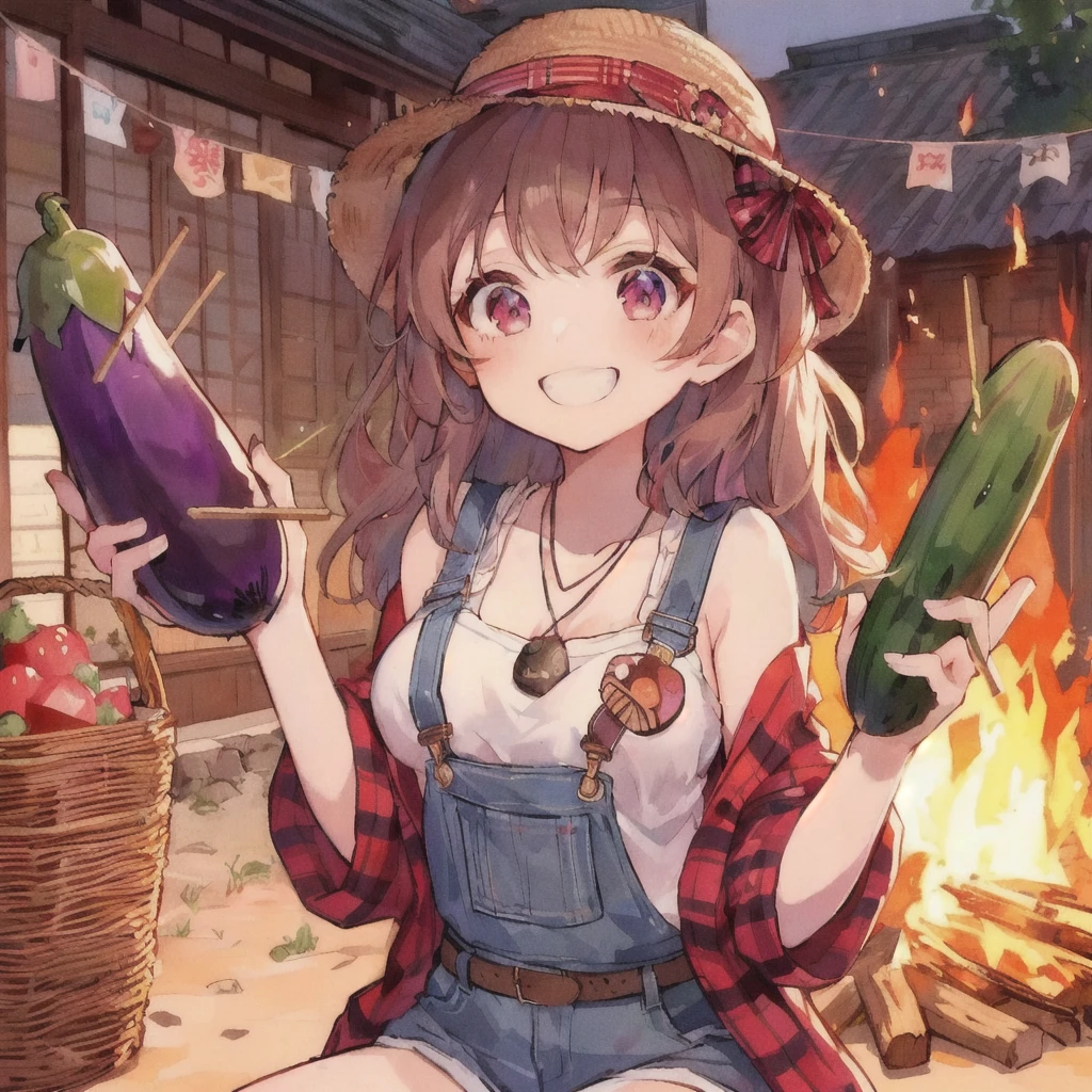 Anime girl in a hat holding pickles and eggplant on a wooden stick, smile,bonfire in the back,I also make fan art, 80s anime style, Splash art anime , high detailed Official Artwork, by Kamaguruka, Showa Town, Official Art, Cute girl anime visuals, the material is!!! watermelon!!!, ❤🔥🍄🌪, everyone, Official Anime Artwork