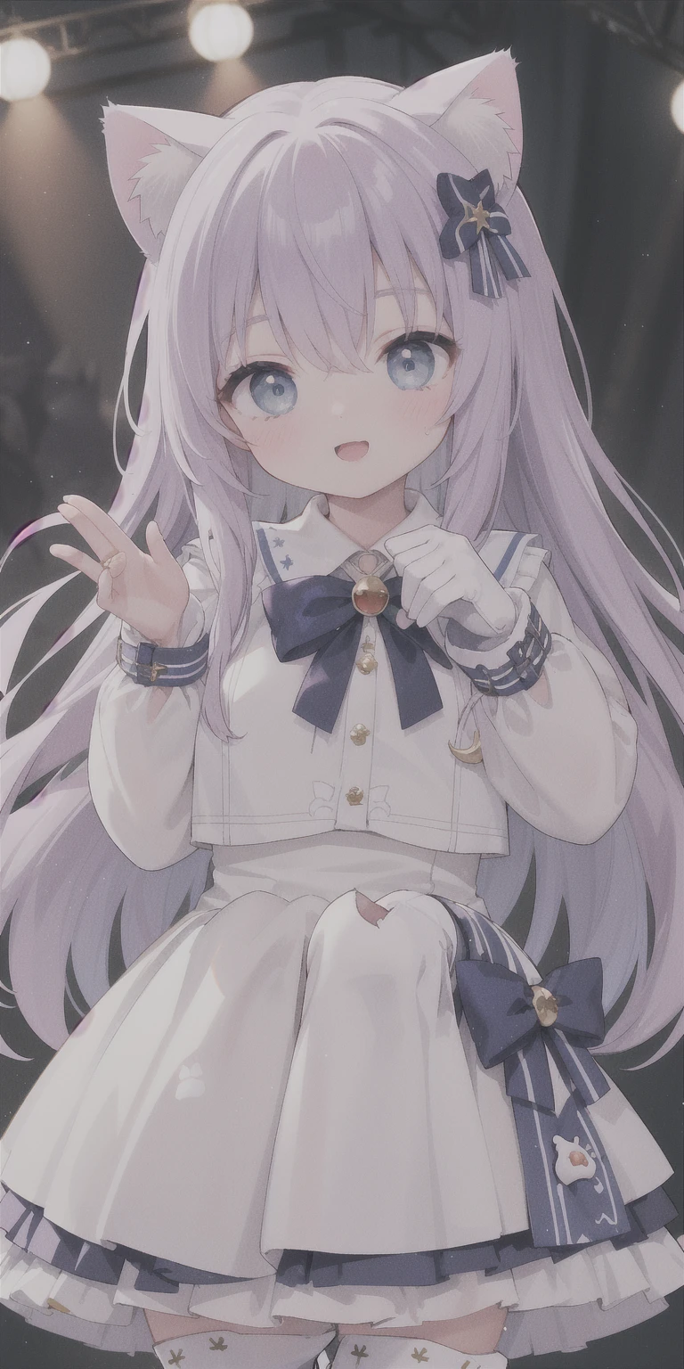 charming ,Long hair,Purple Hair,Close one eye,Smile,open mouth,Artifact Marking,A charming look,charming gesture,Sing,Big blue eyes,White Lolita,Pleated Skirt,Cat ears,Cat'Tail,(Cat爪手套:2.0),Hair accessories,bow tie,Leg ring,(White boots:2.0),whole body,stage,one person
