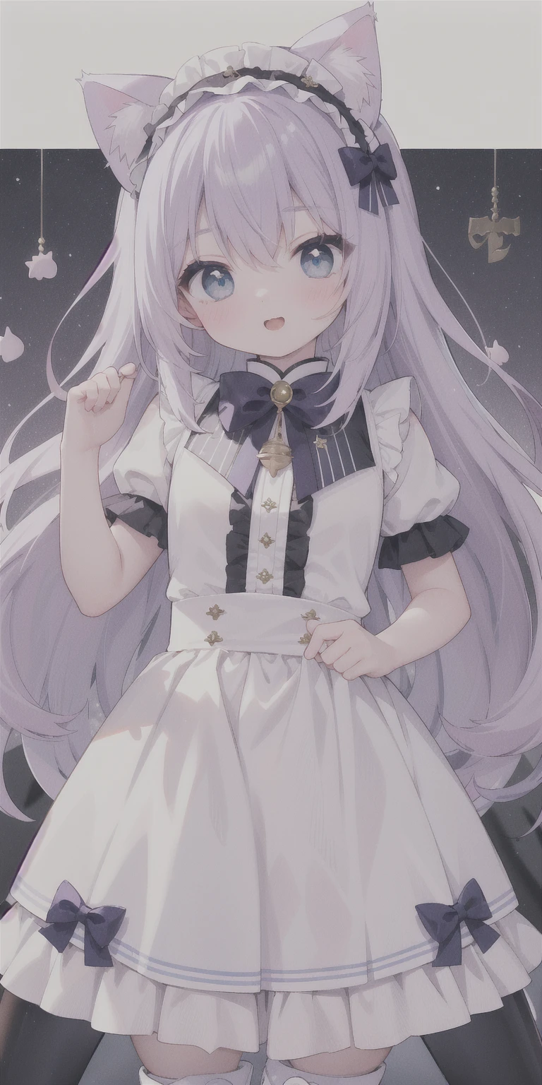 charming ,Long hair,Purple Hair,Close one eye,Smile,open mouth,Artifact Marking,A charming look,charming gesture,Sing,Big blue eyes,White ta,Pleated Skirt,Cat ears,Cat'Tail,(Cat爪手套:2.0),Hair accessories,bow tie,Leg ring,(White boots:2.0),whole body,stage,one person