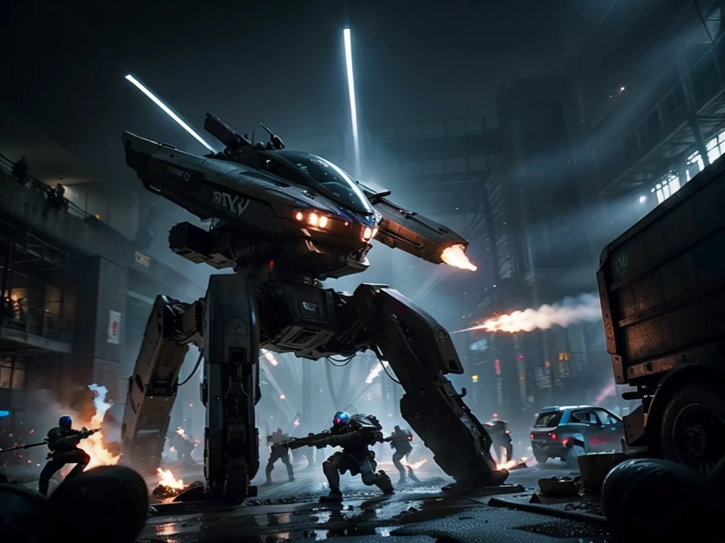 a futuristic battle scene, a squadron of sleek high-tech infantry battling giant robots, intricate mechanical details, advanced technology, cinematic lighting, dramatic poses, dynamic action, vibrant colors, hyper-realistic, 8k, photorealistic, masterpiece, concept art 0
