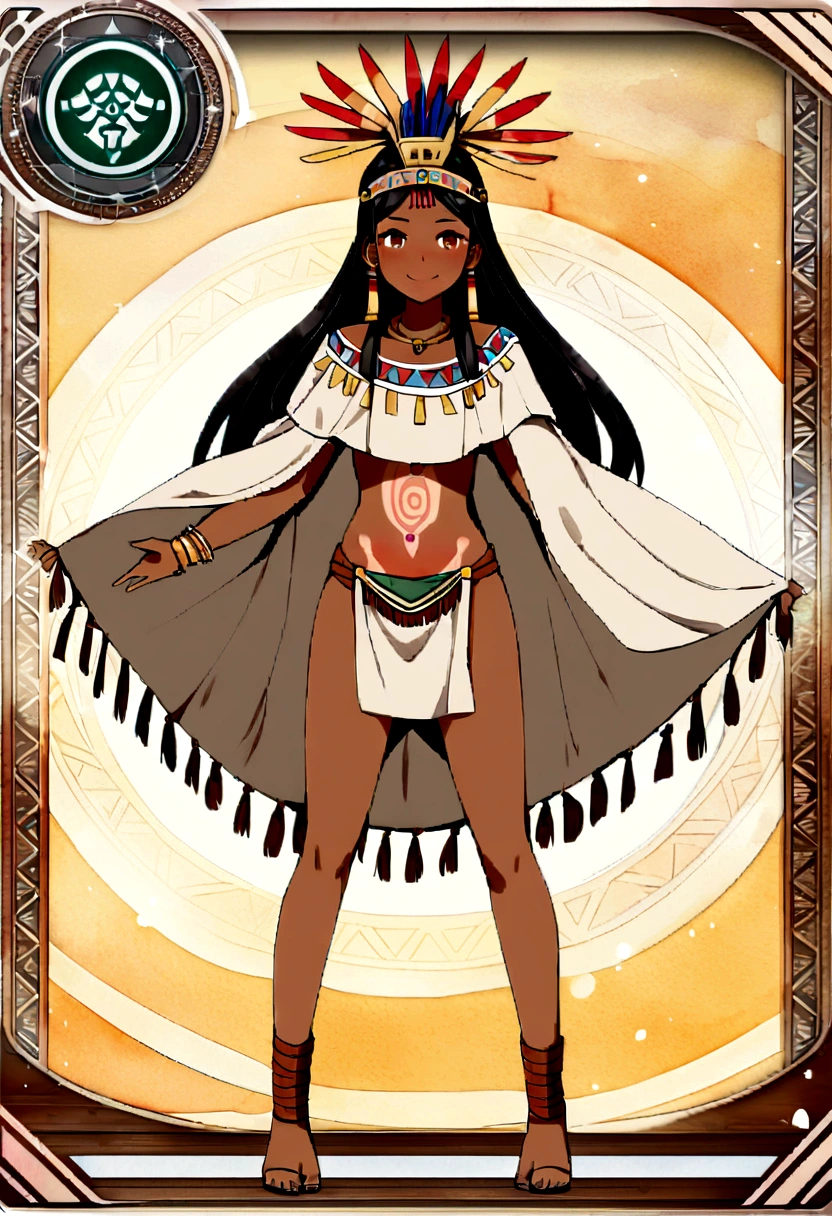 - Character, full body, high resolution, stable diffusion, watercolor style, trading card, medium card, 1 girl, solo, full body , joung girl, long hair, dark skined girl, dark skin, aztec, aztec girl, loincloth, brown clothing, poncho, oppen poncho, maya glipho, tattoo, stomach tattoo, aztec tiara, smile, asertive smile, expression of pride, staning, , white background.
