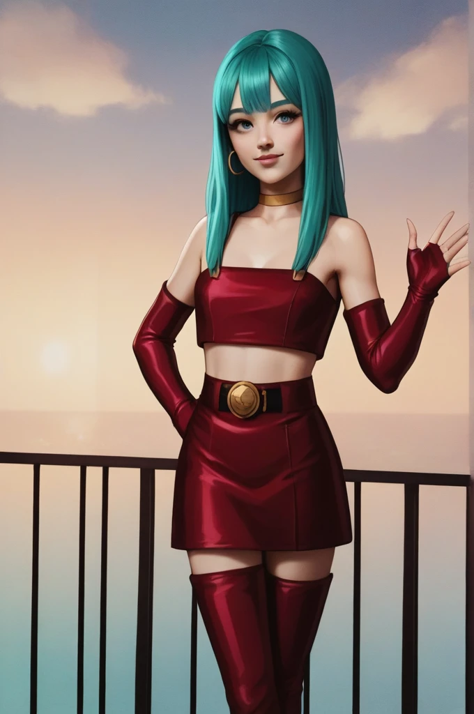 a beautiful anime girl with long aqua hair, looking at the viewer and smiling widely, set against a night sky with clouds, wearing a red miniskirt, crop top, and bridal gauntlets, with hoop earrings, elbow gloves, and a red hairband, (best quality,4k,8k,highres,masterpiece:1.2),ultra-detailed,(realistic,photorealistic,photo-realistic:1.37),colorful,vibrant colors,highly detailed face and eyes,intricate clothing details,dramatic lighting,cinematic composition,no clothes,nude breast