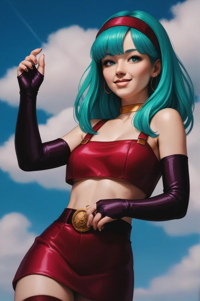 a beautiful anime girl with long aqua hair, looking at the viewer and smiling widely, set against a night sky with clouds, wearing a red miniskirt, crop top, and bridal gauntlets, with hoop earrings, elbow gloves, and a red hairband, (best quality,4k,8k,highres,masterpiece:1.2),ultra-detailed,(realistic,photorealistic,photo-realistic:1.37),colorful,vibrant colors,highly detailed face and eyes,intricate clothing details,dramatic lighting,cinematic composition,no clothes,nude breast