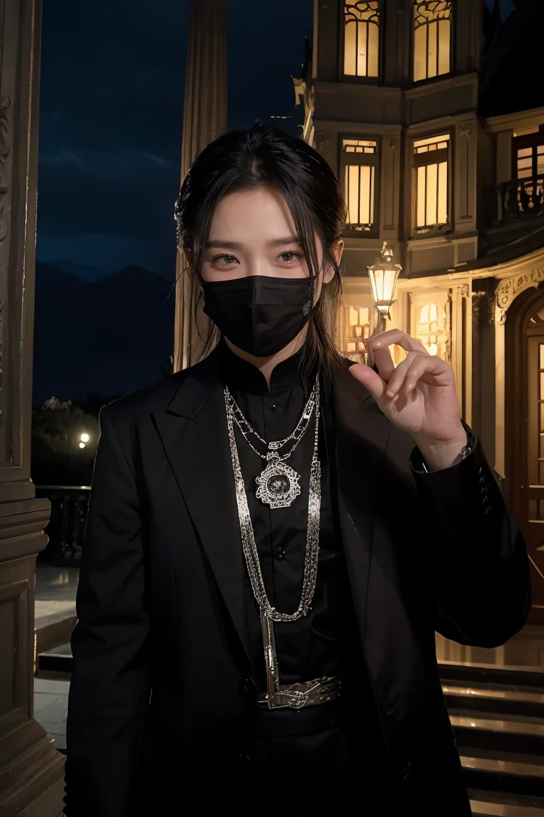 Create the image of a young girl of 20 years, Thai, handsome, who has silver and bright eyes, he is a sorcerer, from the narix up he wears a black mask and wears black gala clothes, behind him, rising in the night, has a Victorian mansion of stone. NIGHT SCENE  