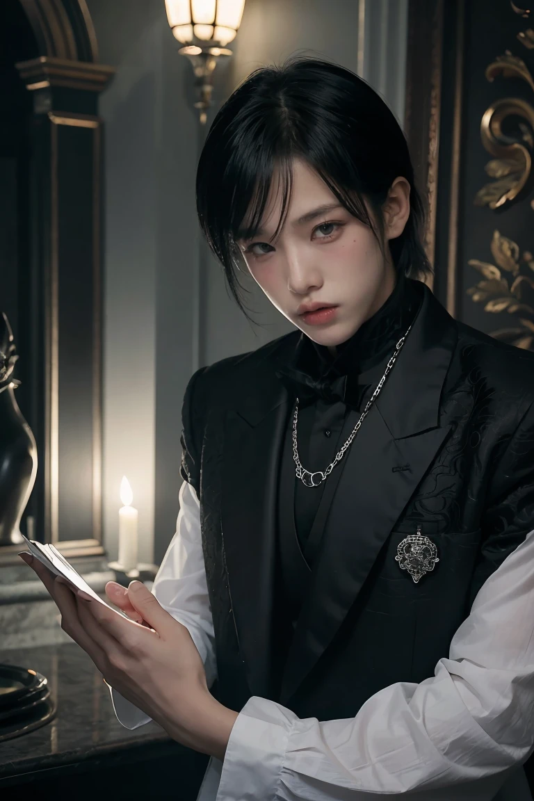 Create the image of a young girl of 20 years, Thai, handsome, who has silver and bright eyes, he is a sorcerer, from the narix up he wears a black mask and wears black gala clothes, behind him, rising in the night, has a Victorian mansion of stone. NIGHT SCENE  