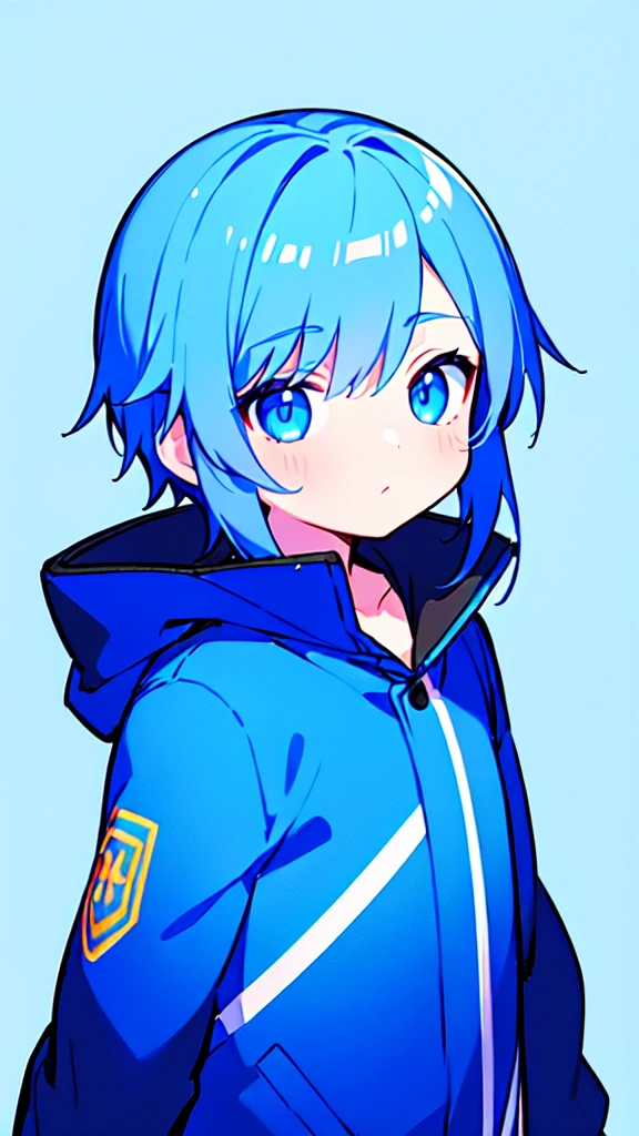 [(SKYBLUE BACKGROUND:1.5),::5], ((((masterpiece)))), high quality, ultra very high resolution, full color, (((solo))), (( boy)), deepBlue hair, (deepblue eyes), anime, ((upper body)), Summer clothes, neon light, black parka, 