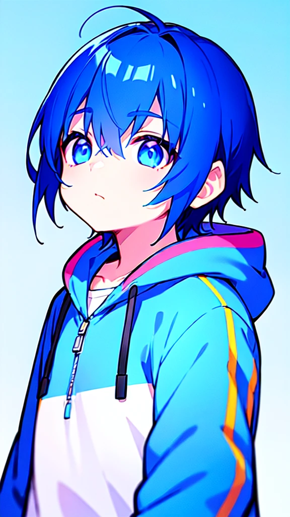 [(SKYBLUE BACKGROUND:1.5),::5], ((((masterpiece)))), high quality, ultra very high resolution, full color, (((solo))), (()), deepBlue hair, (deepblue eyes), anime, ((upper body)), Summer clothes, neon light, black parka, 