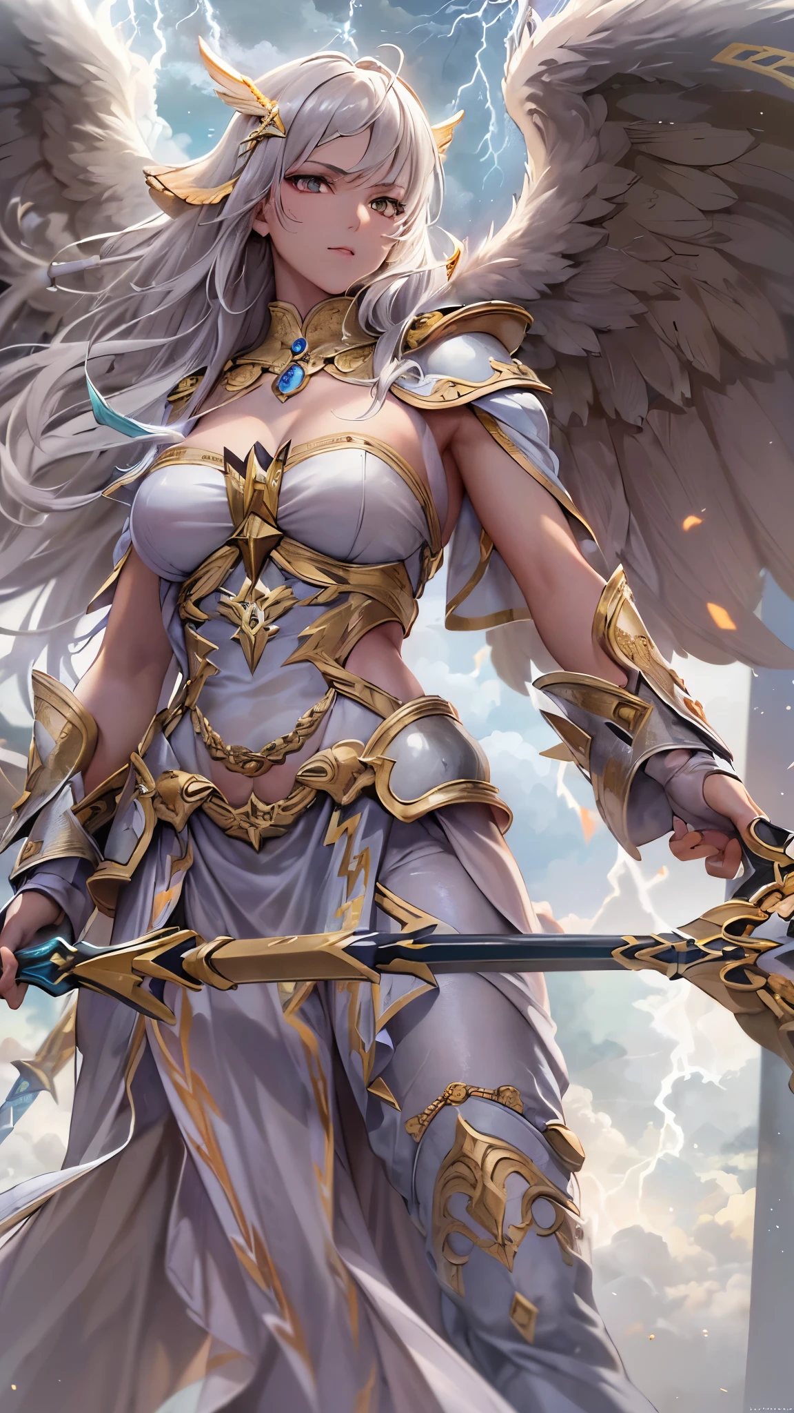 ((Highest quality)),(Ultra-high resolution),(Ultra-detailed new),(Detailed Description),((The best CG)),(masterpiece),Highly detailed art,A wonderful new art form,(Art with precise details:1.5), (Thundercloud:1.6),(lightning:1.6), (A spear held in a raised arm:1.7),(A powerful female angel:1.4),(Winged breastplate:1.4)