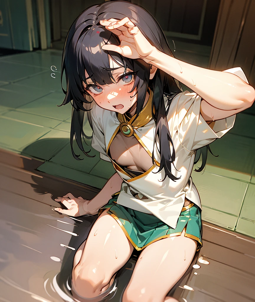 (otokonoko),(trap),erection、(best quality,32k, masterpiece,super detailed skin),black hair,Confused eyes,(oiled skin),flat breasts,(Sweatだく),Wet body、Confused eyes,(Sweat),half open mouth,Spread your legs、sit、get drunk、
