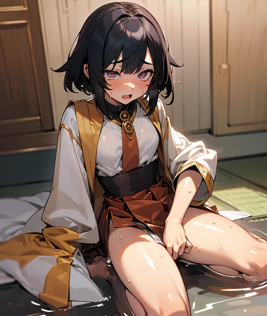 (otokonoko),(trap),erection、(best quality,32k, masterpiece,super detailed skin),black hair,Confused eyes,(oiled skin),flat breasts,(Sweatだく),Wet body、Confused eyes,(Sweat),half open mouth,Spread your legs、sit、get drunk、