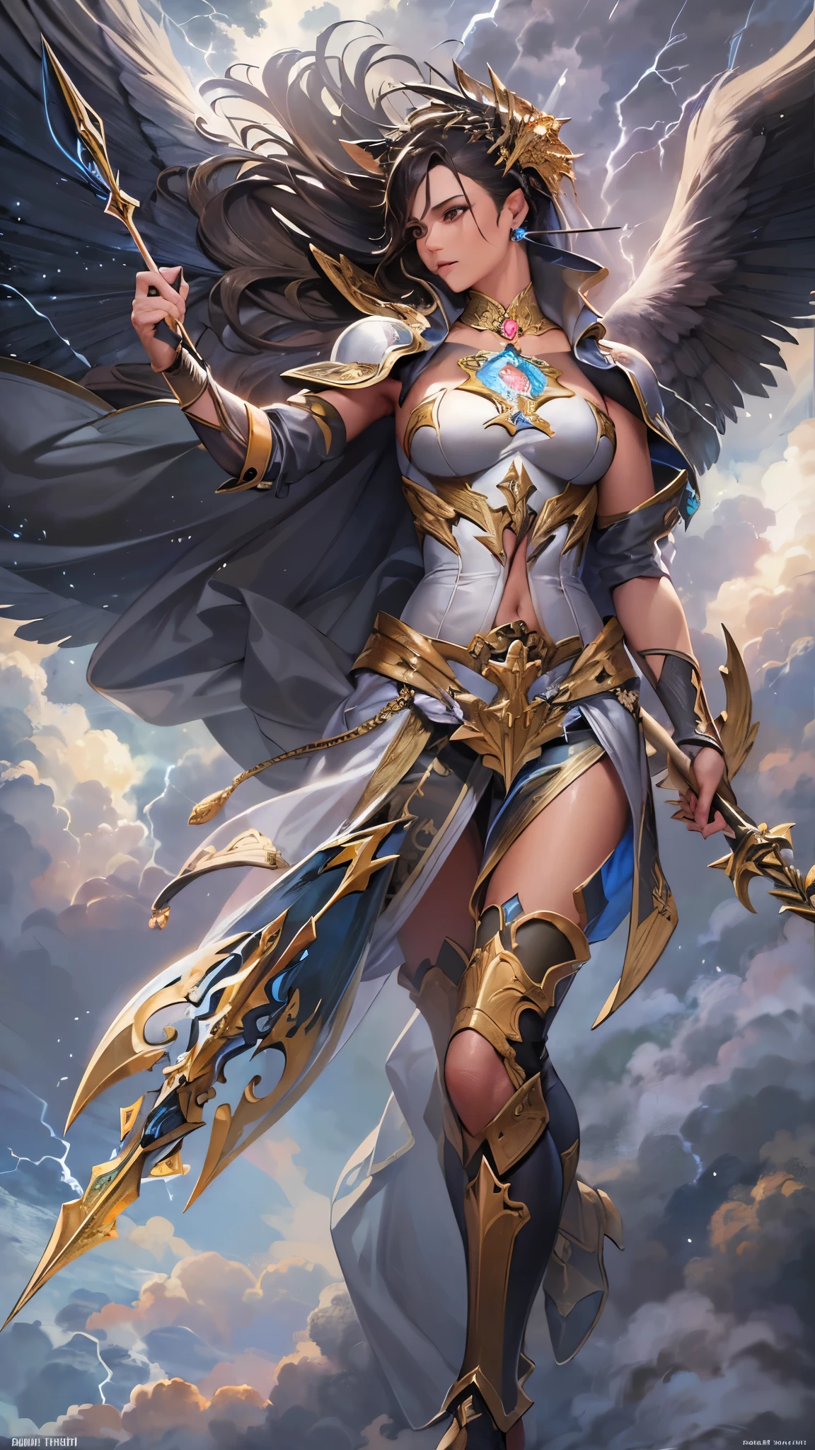 ((Highest quality)),(Ultra-high resolution),(Ultra-detailed new),(Detailed Description),((The best CG)),(masterpiece),Highly detailed art,A wonderful new art form,(Art with precise details:1.5), (Thundercloud:1.6),(lightning:1.6), (A spear held in a raised arm:1.7),(A powerful female angel:1.4),(Winged breastplate:1.4)
