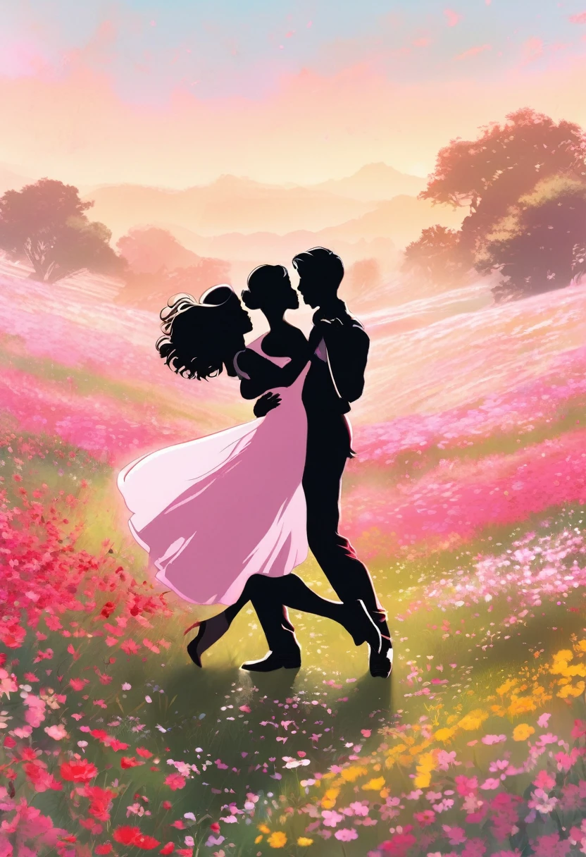 a black silhouette of a couple dancing in the middle of a pink flower meadow, romantic atmosphere, beautiful detailed couple, vivid colors, lush floral landscape, dramatic lighting, (best quality,8k,highres,masterpiece:1.2),ultra-detailed,(realistic,photorealistic,photo-realistic:1.37),intricate details,dramatic composition,cinematic lighting,ethereal mood,romantic ambiance,serene environment,beautiful natural setting black silhouette of couple dancing in the middle of pink flower meadow,manga style, digital art, by Marshall Arisman, cover illustration, 70mm, 7 0 mm, 70 mm, book cover illustration, by Brigette Barrager, album cover, novel cover art for a book, art concept for a book cover, cover art, 7 feet tall,