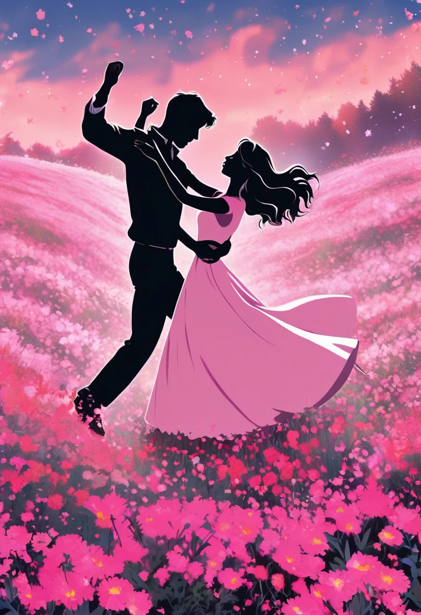 a black silhouette of a couple dancing in the middle of a pink flower meadow, romantic atmosphere, beautiful detailed couple, vivid colors, lush floral landscape, dramatic lighting, (best quality,8k,highres,masterpiece:1.2),ultra-detailed,(realistic,photorealistic,photo-realistic:1.37),intricate details,dramatic composition,cinematic lighting,ethereal mood,romantic ambiance,serene environment,beautiful natural setting black silhouette of couple dancing in the middle of pink flower meadow,manga style, digital art, by Marshall Arisman, cover illustration, 70mm, 7 0 mm, 70 mm, book cover illustration, by Brigette Barrager, album cover, novel cover art for a book, art concept for a book cover, cover art, 7 feet tall,