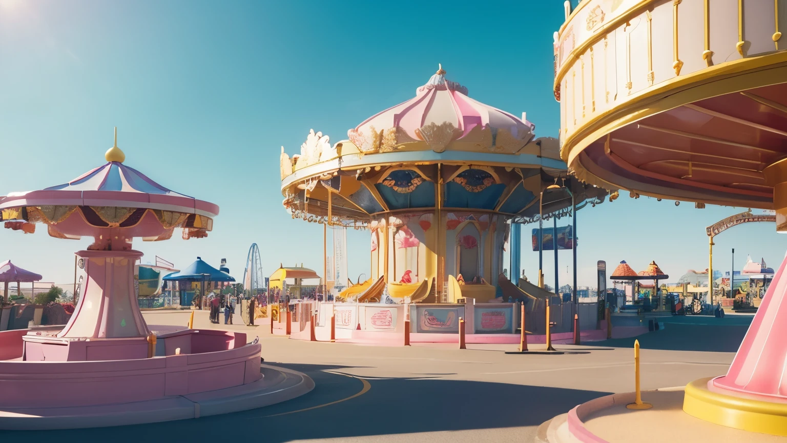 pastel colorclean background3dartcinematic.colorful ride theme park scene with roller coasters and a carousel, in the style of vray, cartoon mis-en-scene, meticulous design.desertwave. seaside scenes, soft renderings. yellow and pink, pop, C4D, OC, Blender
