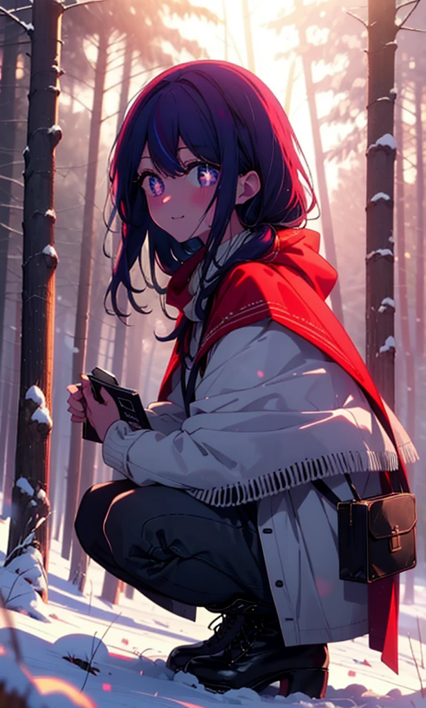 aihoshino, Ai Hoshino, Long Hair, bangs, (Purple eyes:1.1), Purple Hair, (Symbol-shaped pupil:1.5), smile,,smile,blush,White Breath,
Open your mouth,snow,Ground bonfire, Outdoor, boots, snowing, From the side, wood, suitcase, Cape, Blurred, , forest, White handbag, nature, Squat, Mouth closed, Cape, winter, Written boundary depth, Black shoes, red Cape break looking at viewer, Upper Body, whole body, break Outdoor, forest, nature, break (masterpiece:1.2), Highest quality, High resolution, unity 8k wallpaper, (shape:0.8), (Beautiful and beautiful eyes:1.6), Highly detailed face, Perfect lighting, Highly detailed CG, (Perfect hands, Perfect Anatomy),