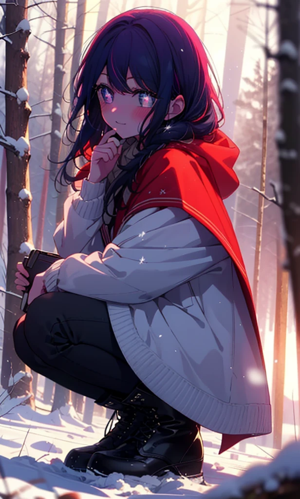 aihoshino, Ai Hoshino, Long Hair, bangs, (Purple eyes:1.1), Purple Hair, (Symbol-shaped pupil:1.5), smile,,smile,blush,White Breath,
Open your mouth,snow,Ground bonfire, Outdoor, boots, snowing, From the side, wood, suitcase, Cape, Blurred, , forest, White handbag, nature,  Squat, Mouth closed, Cape, winter, Written boundary depth, Black shoes, red Cape break looking at viewer, Upper Body, whole body, break Outdoor, forest, nature, break (masterpiece:1.2), Highest quality, High resolution, unity 8k wallpaper, (shape:0.8), (Beautiful and beautiful eyes:1.6), Highly detailed face, Perfect lighting, Highly detailed CG, (Perfect hands, Perfect Anatomy),