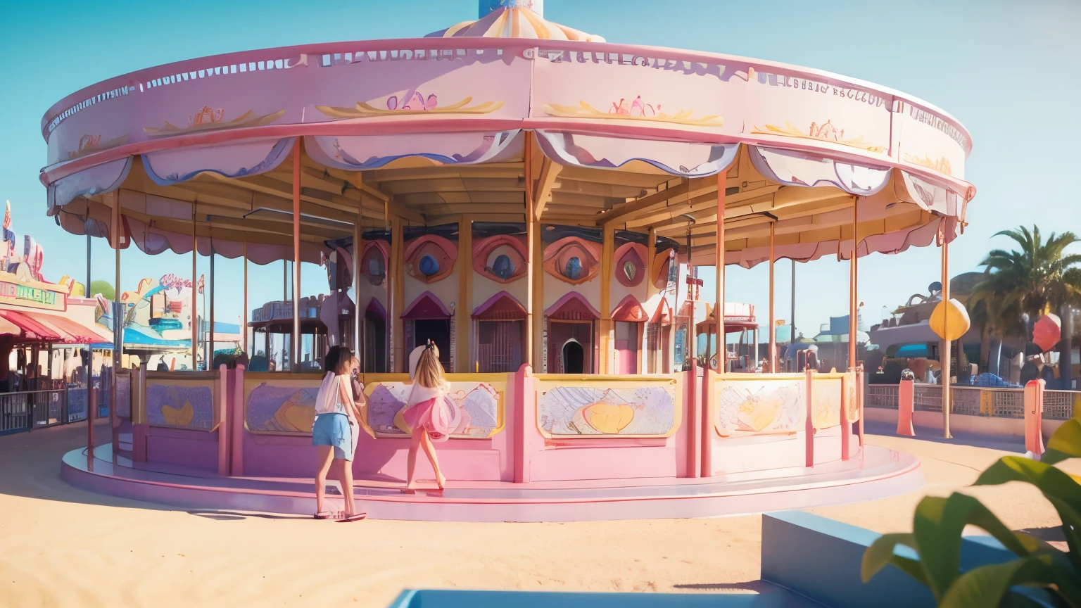 pastel colorclean background3dartcinematic.colorful ride theme park scene with roller coasters and a carousel, in the style of vray, cartoon mis-en-scene, meticulous design.desertwave. seaside scenes, soft renderings. yellow and pink, pop, C4D, OC, Blender