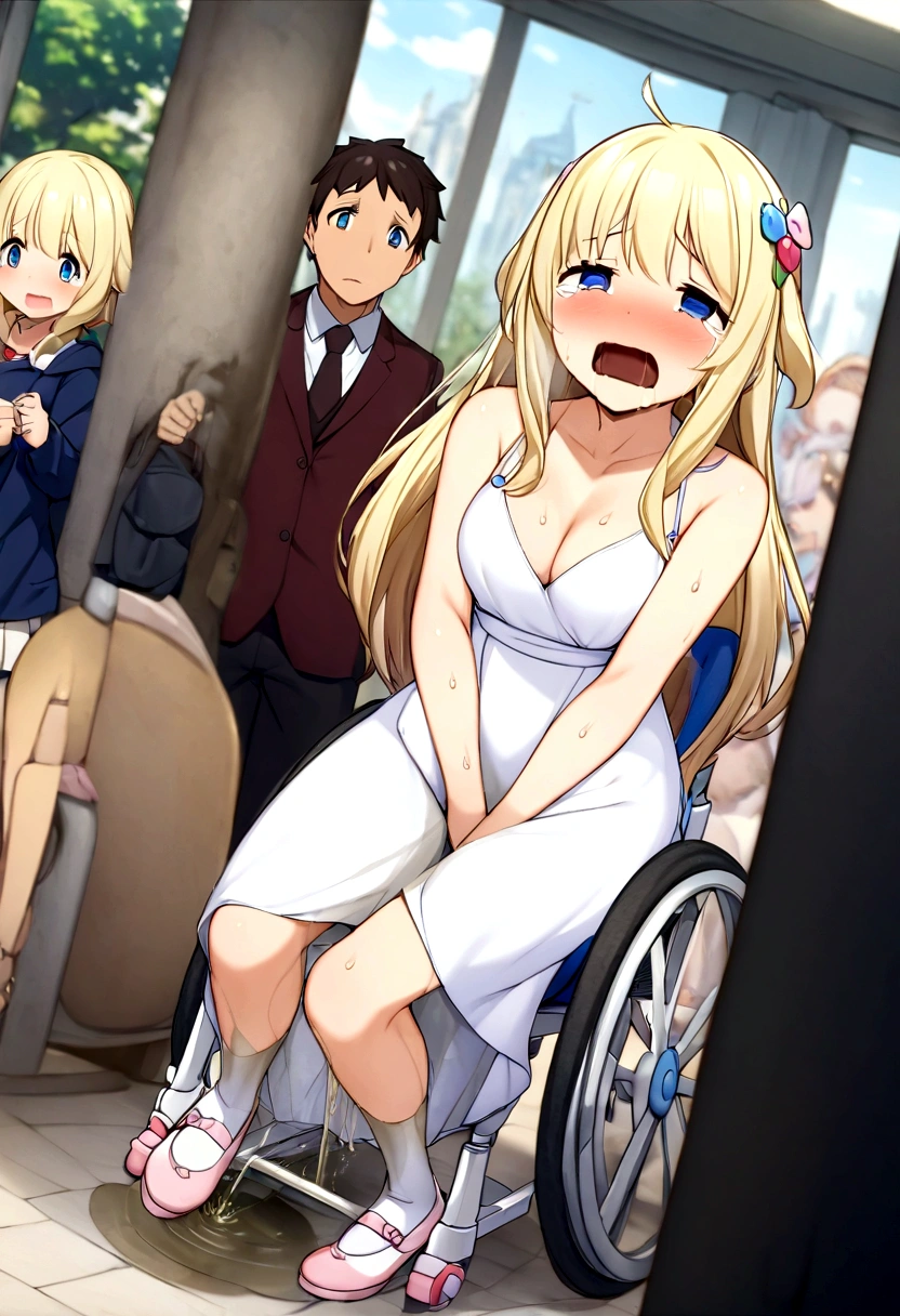 anime. 1 Girl. Cute girl. Princess. Disabled person. Blonde. Long hair. Wavy hair. Blue eyes. Beautiful eyes. Beautiful eyes. Expressive eyes. Ideal face. beautiful nose. . Medium breasts. Beautiful breasts. Urinary incontinence. Wants to pee. I need to pee. A strong, desperate urge to pee. Hands on crotch. He squeezes his crotch tightly. Rubs the crotch. She peed herself. Urine
flows down your thighs. Ideal anatomical body. Beautiful long legs. Diadem. Neat earrings. Pearl necklace. Luxurious white dress. Victorian style dress. White gloves. Heeled shoes. Wheelchair. Sits in a wheelchair. Full height.
The Royal Castle. Royal Garden. Beautiful character design. Shiny skin. Full body. NSFW. Official art. Extremely detailed CG Unity 8k wallpaper. Ideal lighting. Ultra high resolution 4K. Super detailed 8K resolution. A high resolution. Masterpiece. Best quality.