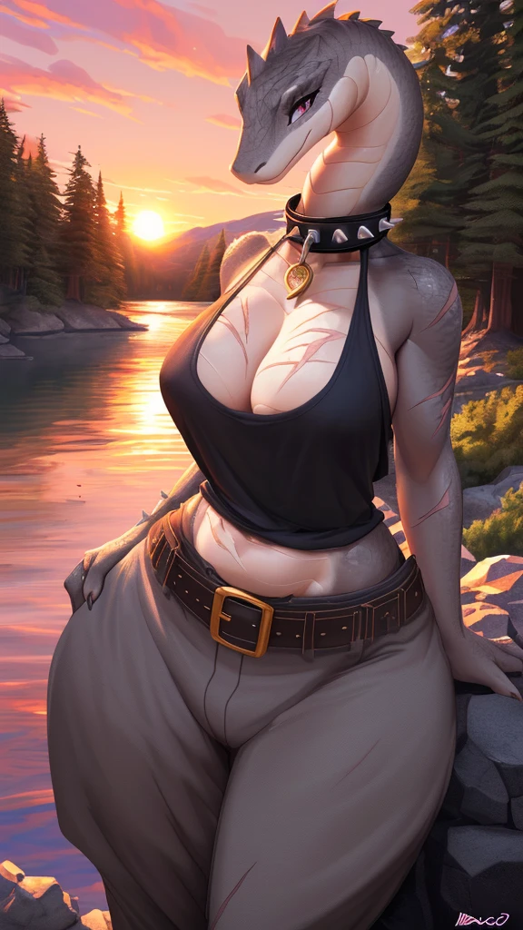 (small details:1.7) (scaley anthro:1.3, snout:1.2, anthro:1.3, scaley:1.2, solo female:1.2),
(ultra fine detail:1.1)
(masterpiece:1.1)
(thick thighs:1.2)
(Best Quality:1.1)
(ultra-high detailing:1.1)
((hyper details:1.1))
(((super detailed breasts, face, eyes, waist:1.1)))
(detailed face)
(as much detail as possible)
(perfect anatomy)
(ultra-fine detail, no mistakes)
cinematic lighting
detailed eyes/face
amazing lighting
((super realistic lighting:1.4))
((lighting design))
((detailed shadows))
(((as much detail as possible on one girl:1.5)))
((good prospective:1.2))
((character focused:1.4))
(good stance)
(((super expressive eyes and face)))
((clear image:1.3))
large, lively highlights
(unreal engine)
Her plump form features generous.
Her wide, meaty hips have edges ((emphasize her abundant figure)),
(tail)
((huge waist))
((( years of work to make this image)))
((big breasts:1.0))
((huge cuddly multi curve hips/waist:1.3))
((succulent full z-axis forward extended perky breasts))
smooth shiny scales
big curves
((articulating face))
(detailed eyes:1.3)
((young))
((curvy waist:1.2)
((natural cuteness))
((perfect fit))
(((innocent face)))
(( baby tank top)),
(good angle)
((dramatic lighting))
(((20)))
(( near beautiful lake with clear watar and rocks and trees and amazing sunset:1.3)),
(((big hour-glass body figure:1.4)))
((clueless)
((sleek))
close up
(big cleavage:1.2)
((huge breasts:1.2))
(kind)
(nice)
(considerate)
high resolution
(belly)
(((by bebebebebe)))
(shy)
(((huge mountainous hips:1.2)))
((gray colour snake girl)),
((cute)), (((long snake neck))), ((classic snake head:1.1)), (( gray scales/skin)), cream colour underbelly, ((succulent soft smooth plump velvety underbelly:1.2)), ((scale design)), ((big waist)), ((looking at viewer in a silent loveing way)), ((thick)), ((super curves:1.1)), (cute), (happy), ((scars)), (unique vibe), ((baggy long cozy pants)), ((spikey collar)), ((belt)), smug,