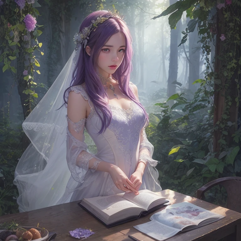 (((medium full shot))), (best quality, ultra-detailed:1.3), (nice hands, perfect hands), official art, cinematic light, (1girl:1.3), adulthot girl, watercolor, ink, oil and pencil, oil painting, hyper-realistic digital art style, "Fairy Tale", fantasy world coming out of a centered book, open book, long straight purple hair, hyper-detailed double exposure fantasy illustration, photorealism, backlit, beautiful light