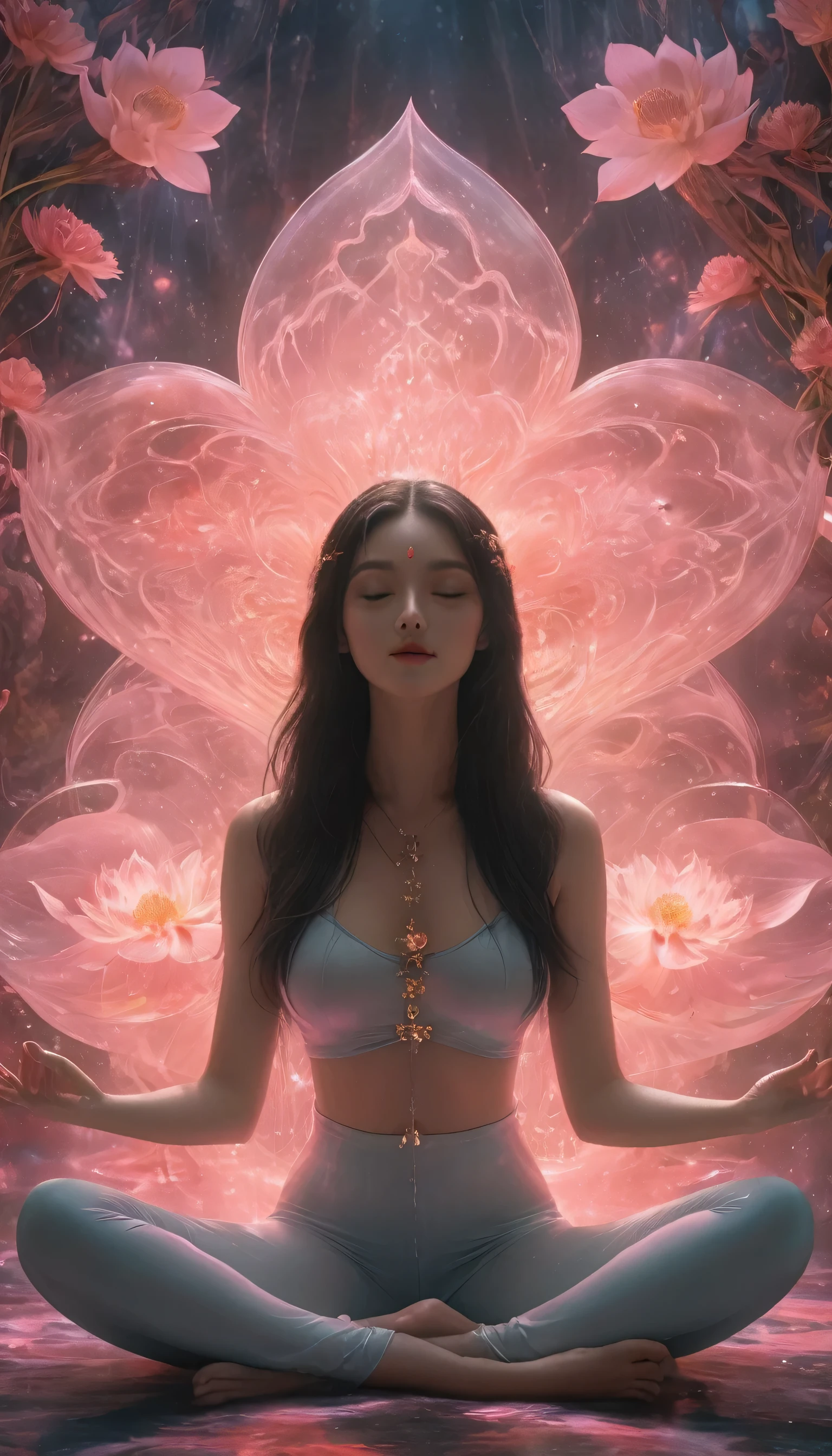 Full body photo of lotus sitting,Anatomically correct,born, Cinematic Lenses, (Clear focus:1.5), (Practical:1.4), Dusk lighting, Volumetric Lighting, Ultra-high resolution, 16K,Dramatic Lighting, Blue Background:1.5)(disputeた,Mandala,Holding a heart-shaped lamp in hand、dispute,Intertwined:0.7)witch,Feather, Foxfire spells, Conversion, Writing border depth, Great atmosphere, The most beautiful form of chaos, grace, Brutalist Dark Theme, Flower of Death, Flowers of ecstasy,Glowing Line,Glow Example,Tracking Example,flash, Backlight,translucent,Light Particles,HILL,exit