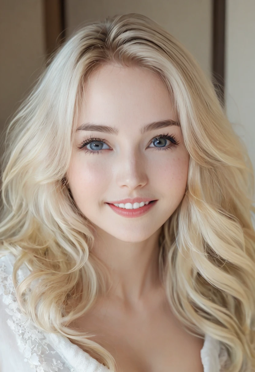 （（European Caucasian Woman））、（（Maria, 18 years old））One person、Thin contours、Grey Eyes、Big Breasts、Narrow waist、White and translucent skin、Beautiful, shiny blonde medium-long hair、8-head-tall model style、白レースビキニ、Waist-down angle、smile、Hotel Rooms