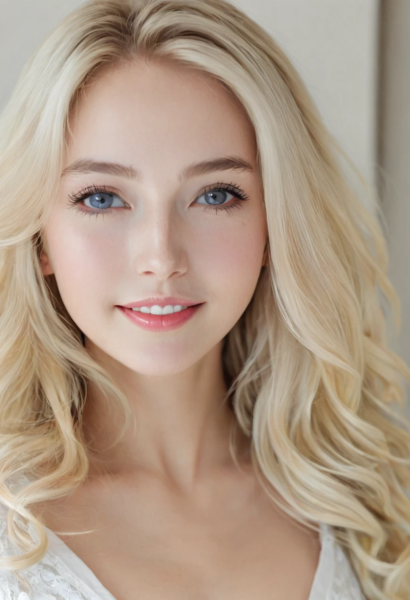 （（European Caucasian Woman））、（（Maria, 18 years old））One person、Thin contours、Grey Eyes、Big Breasts、Narrow waist、White and translucent skin、Beautiful, shiny blonde medium-long hair、8-head-tall model style、白レースビキニ、Waist-down angle、smile、Hotel Rooms