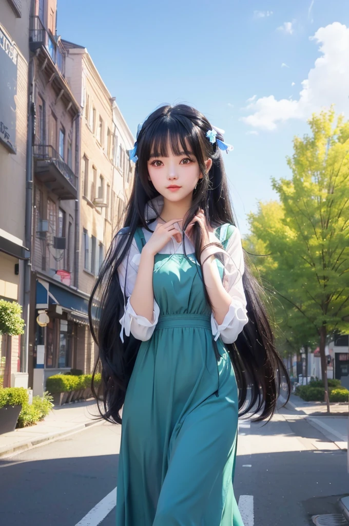 cute girl with long black hair walking down the street, cute moe artstyle, cute visual of a cute girl, cute girl with long hair, smooth cute cg art, cute  waifu in a nice dress, realistic 8k