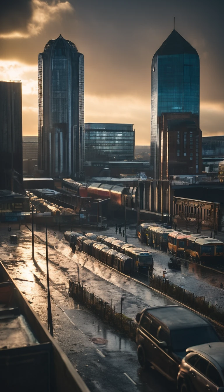 A dramatic skyline of Birmingham with protest scenes below, background dark sun, hyper realistic, ultra detailed hyper realistic, photorealistic, Studio Lighting, reflections, dynamic pose, Cinematic, Color Grading, Photography, Shot on 50mm lens, Ultra-Wide Angle, Depth of Field, hyper-detailed, beautifully color, 8k