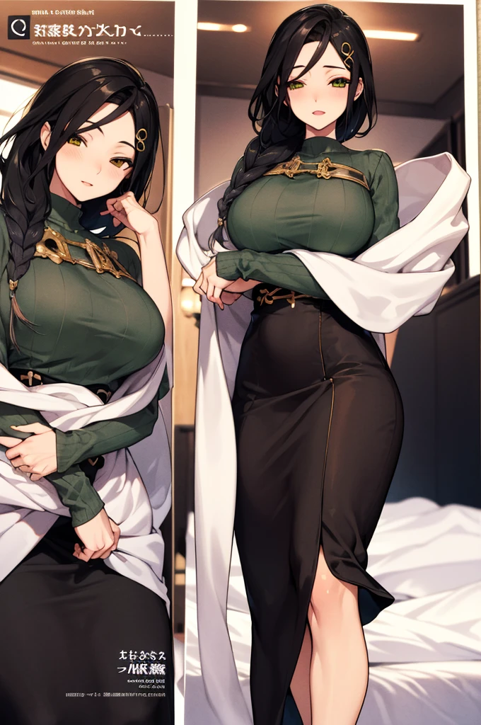 masterpiece, best quality, highres, st1, green sweater, braid, hair ornament, black skirt, large breasts, long skirt, shawl , on bed,