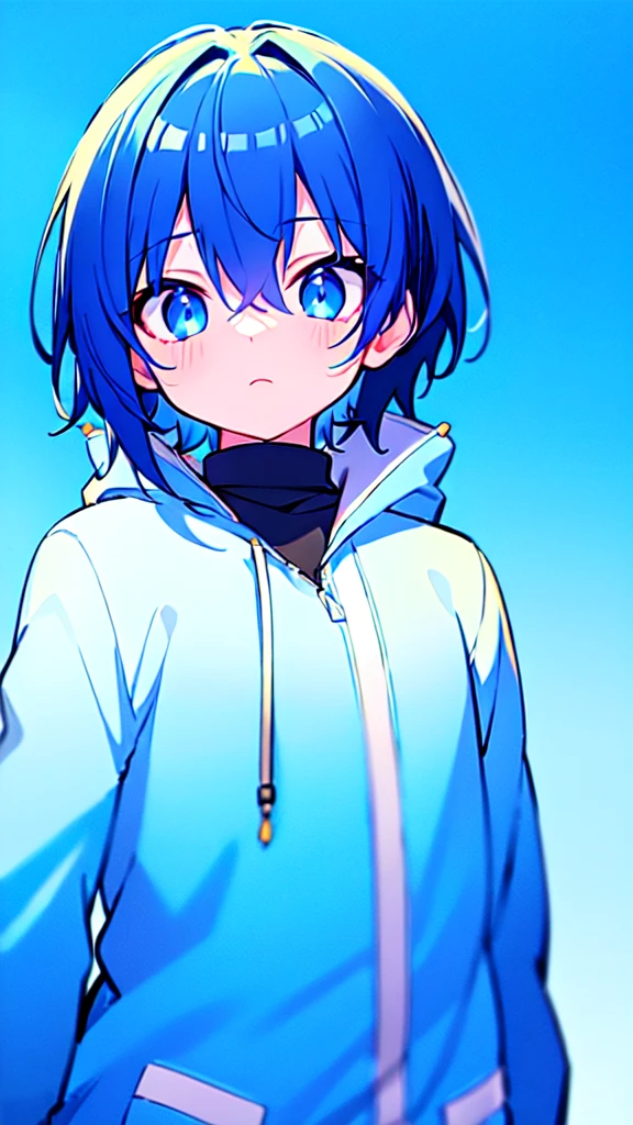 [(SKYBLUE BACKGROUND:1.5),::5], ((((masterpiece)))), high quality, ultra very high resolution, full color, (((solo))), ((little boy)), deepBlue hair, (deepblue eyes), anime, ((upper body)), Summer clothes, neon light, black parka, 