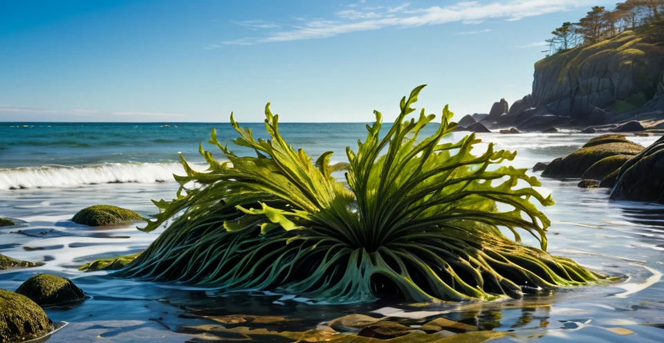 Create a close-up image of Bladder Wrack seaweed in the water along a rugged coastline. The scene should show the intricate details of the seaweed's long, green-brown fronds and its distinctive, bulbous air bladders. The water should be clear, allowing the textures and colors of the Bladder Wrack to be seen clearly. The fronds should be floating gracefully in the shallow, sunlit water, with the rocky shoreline visible in the background. Highlight the ethereal, almost otherworldly appearance of the seaweed as it glistens and sways gently in the current. The atmosphere should convey the serene and mystical beauty of the coastal environment, with the play of light and shadow on the water and the seaweed.