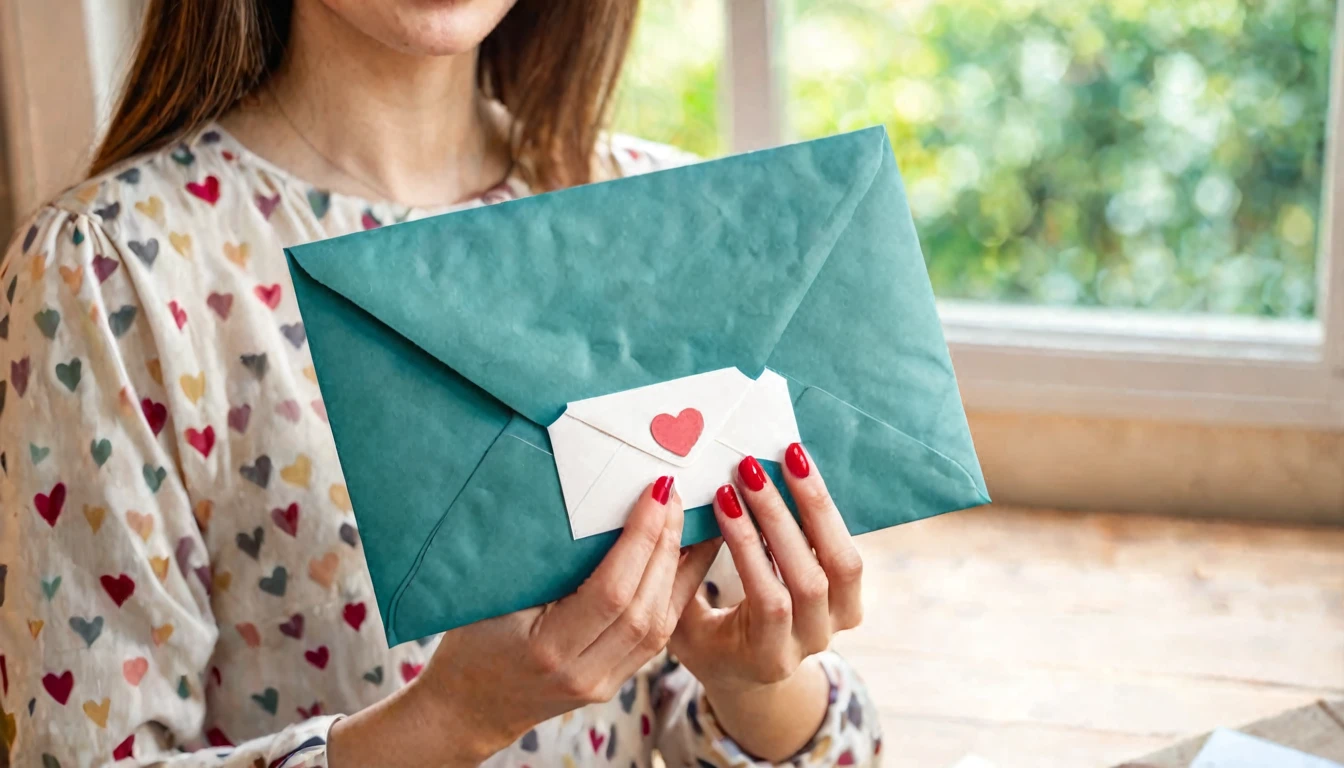 Young woman hands holding an envelope containing a love letter or a card from a friend in the mail