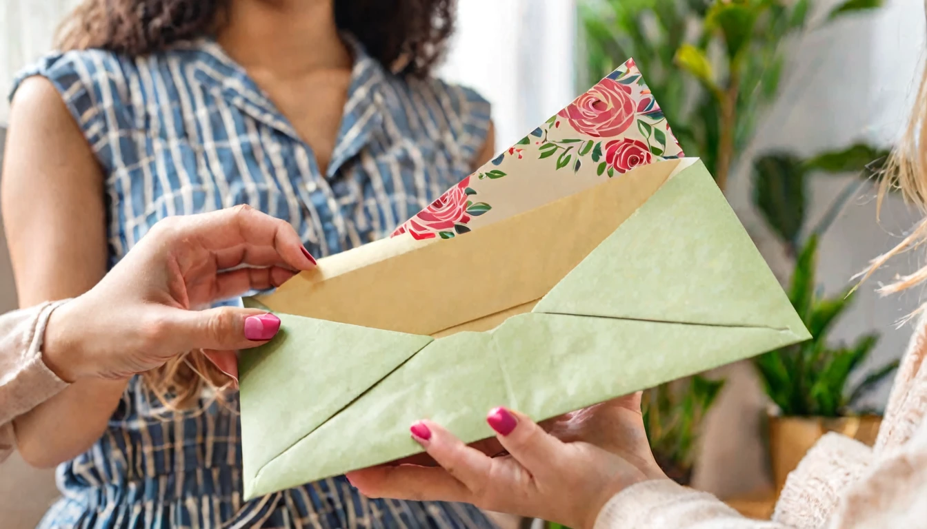 Young woman hands holding an envelope containing a love letter or a card from a friend in the mail