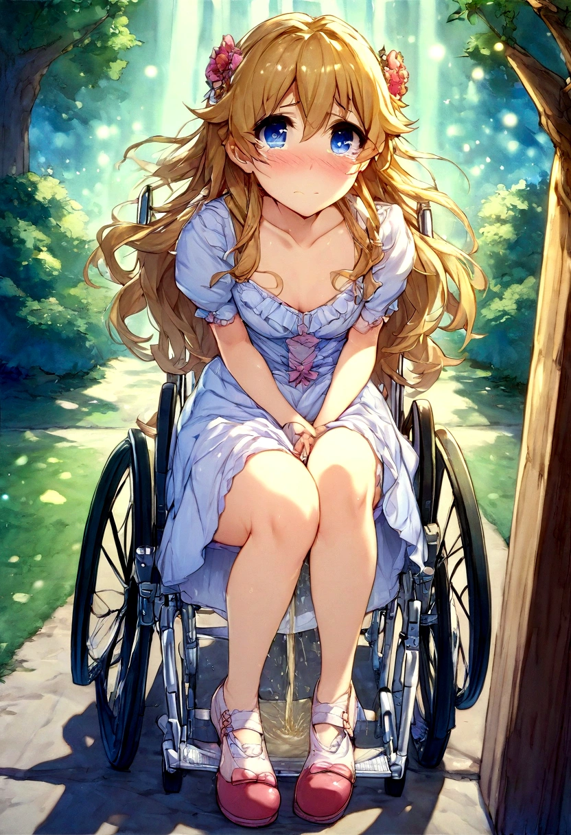 Anime. 1 girl. . . Baby. Princess. Blonde. Long hair. Blue eyes. Beautiful eyes. Perfect eyes. Expressive eyes. Eyes covered with a faded film. Blind eyes. Blind. Ideal face. Ideal anatomical body. Beautiful long legs. Beautiful body. Beautiful nose. . Embarrassment. Blush. Beautiful character design. Shiny skin. Light white dress. Shoes. Hair decorations. Disabled person. Paralytic. Sitting. Wheelchair. Hands on crotch. Urinary incontinence. Wants to pee. She needs to pee. She has a strong, desperate urge to pee. He squeezes his crotch tightly. Rubs copper. Slight lean forward. She peed herself. Fantasy city. A park. Date. At the entrance to a public toilet. He takes off his wet panties. Tears in my eyes. Cry. Snot flows from the nose. Full body. nsfw. Official art. Extremely detailed CG Unity 8k wallpaper. Ideal lighting. Ultra high resolution 4K. Super detailed 8K. A high resolution.