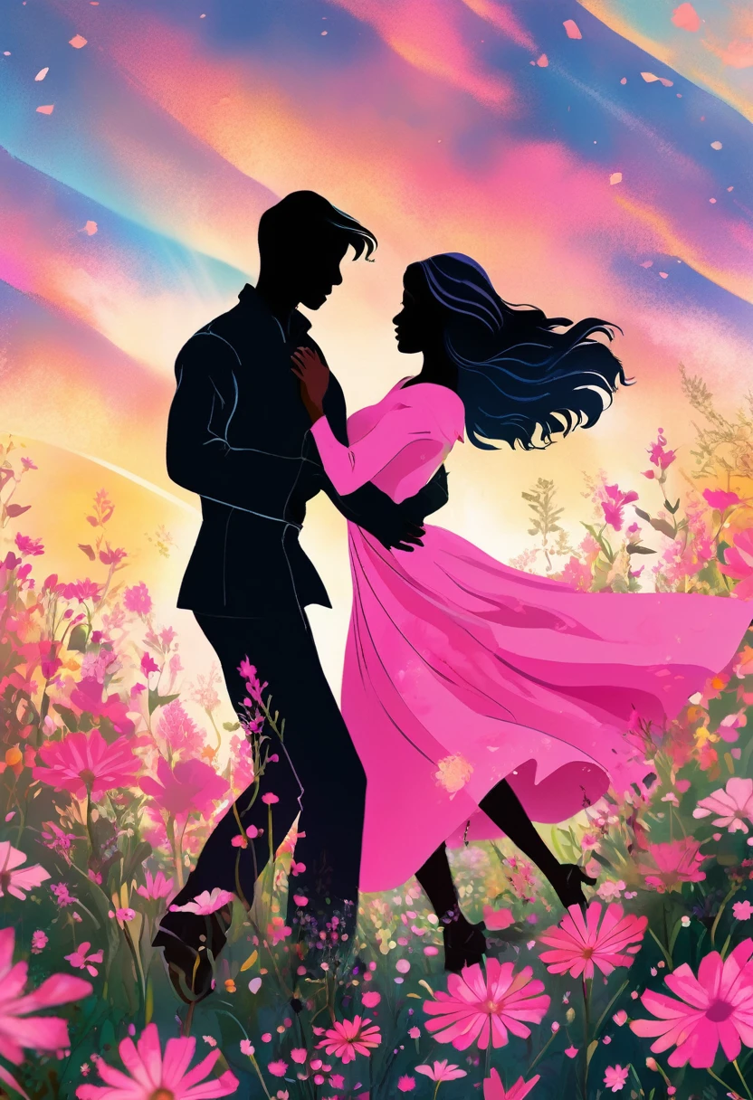 a black silhouette of a couple dancing in the middle of a pink flower meadow, romantic atmosphere, beautiful detailed couple, vivid colors, lush floral landscape, dramatic lighting, manga style, digital art, by Marshall Arisman, cover illustration, 70mm, 7 0 mm, 70 mm, book cover illustration, by Brigette Barrager, album cover, novel cover art for a book, art concept for a book cover, cover art, 7 feet tall,