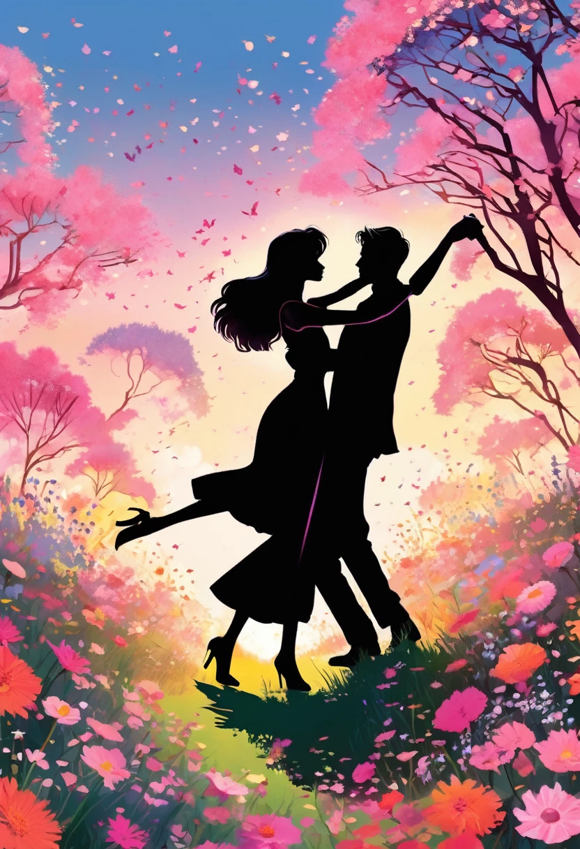 a black silhouette of a couple dancing in the middle of a pink flower meadow, romantic atmosphere, beautiful detailed couple, vivid colors, lush floral landscape, dramatic lighting, manga style, digital art, by Marshall Arisman, cover illustration, 70mm, 7 0 mm, 70 mm, book cover illustration, by Brigette Barrager, album cover, novel cover art for a book, art concept for a book cover, cover art, 7 feet tall,