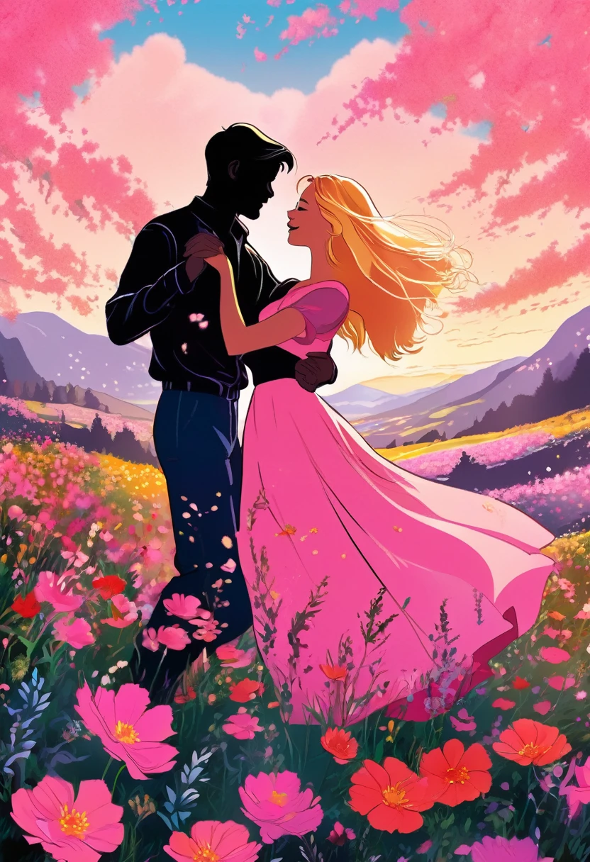 a black silhouette of a couple dancing in the middle of a pink flower meadow, romantic atmosphere, beautiful detailed couple, vivid colors, lush floral landscape, dramatic lighting, manga style, digital art, by Marshall Arisman, cover illustration, 70mm, 7 0 mm, 70 mm, book cover illustration, by Brigette Barrager, album cover, novel cover art for a book, art concept for a book cover, cover art, 7 feet tall,