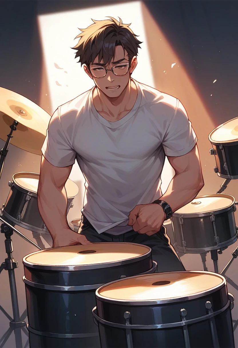 boy wearing glasses Playing the big drum set for fun on the big stage.