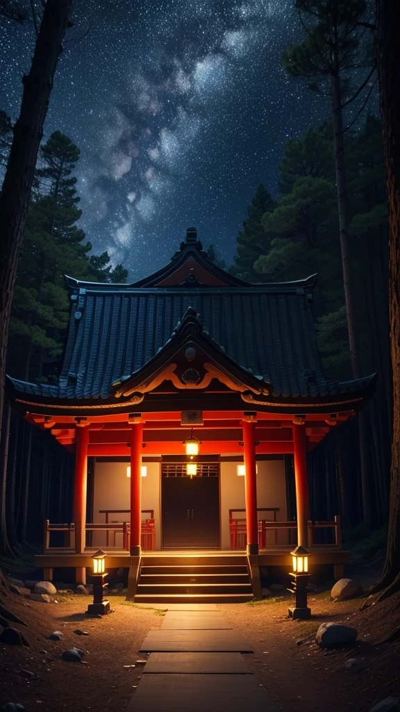 (Starry Night,Silent Forest,Peaceful atmosphere,神秘的なshrine),8K resolution),In the style of Japan anime，In the woods，shrine，Warmth，Calm。