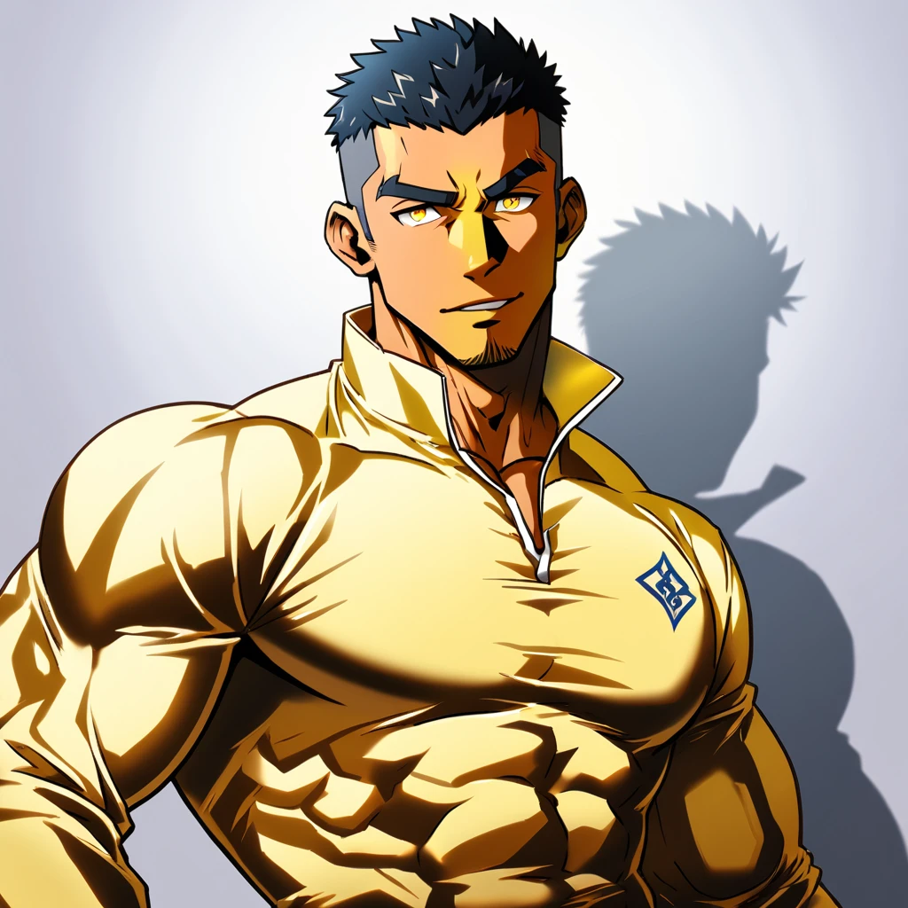 anime characters：Gyee, Muscle Sports Student, negro black skin, 1 dark skin muscular tough guy, Manliness, male focus, Light yellow high collar long sleeve tight T-shirt, Slightly transparent material, Very tight, Round, full and perky chest muscles, Slightly transparent, muscular male, muscular, only, Upper body, alone, Black short hair, Thick eyebrows, stubble, Yellow eyes, Grey background, simple background, amazing quality, best aesthetics, Ridiculous, bright pupils, crew cut, parted lips, seductive smile, torogao, naughty face, drop shadow, best quality